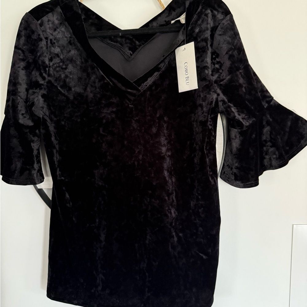 NEW COMO BLU Black Velvet Blouse sz M Bell Sleeves V neck Goth Whimsygoth Witchy